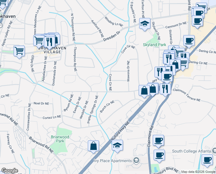 map of restaurants, bars, coffee shops, grocery stores, and more near 2425 Cove Circle Northeast in Atlanta