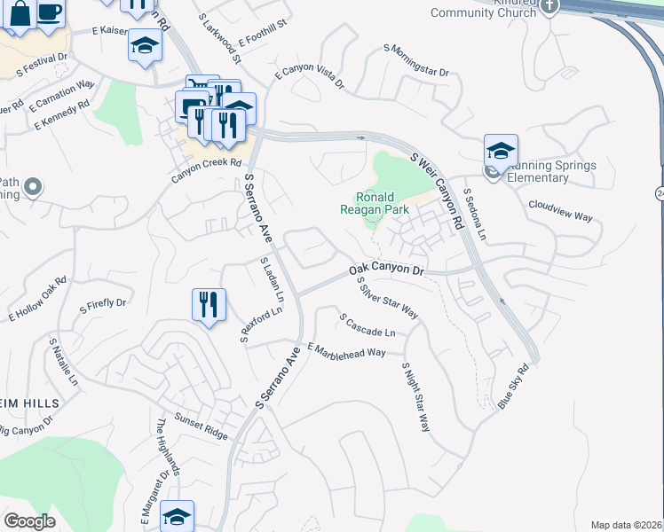 map of restaurants, bars, coffee shops, grocery stores, and more near 8236 East White Fir Lane in Anaheim