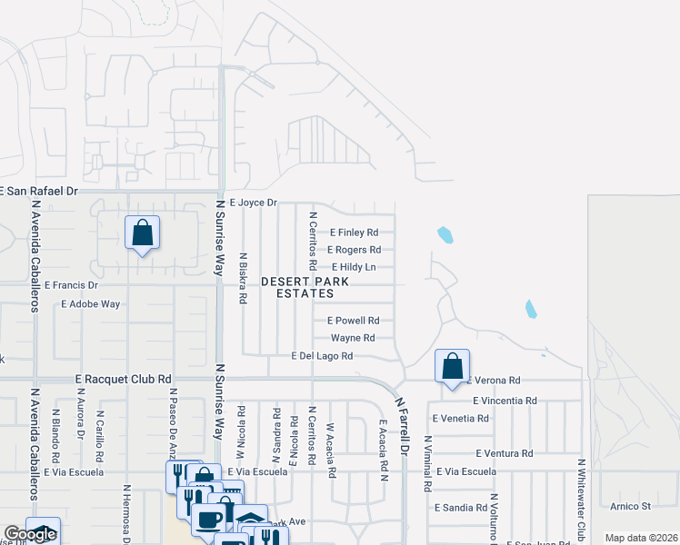 map of restaurants, bars, coffee shops, grocery stores, and more near 2225 East Hildy Lane in Palm Springs