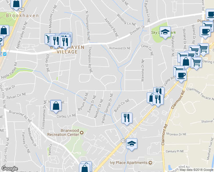 map of restaurants, bars, coffee shops, grocery stores, and more near 2395 Thompson Road Northeast in Atlanta