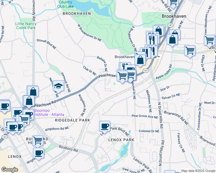 map of restaurants, bars, coffee shops, grocery stores, and more near 2443 East Club Drive Northeast in Atlanta