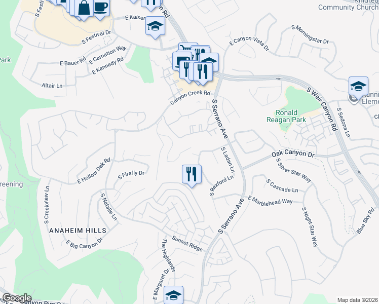 map of restaurants, bars, coffee shops, grocery stores, and more near 852 South Endicott Court in Anaheim