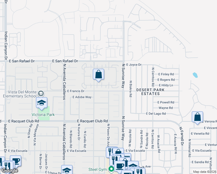 map of restaurants, bars, coffee shops, grocery stores, and more near 2930 North Bahada Road in Palm Springs