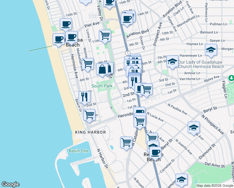 map of restaurants, bars, coffee shops, grocery stores, and more near 546 3rd Street in Hermosa Beach