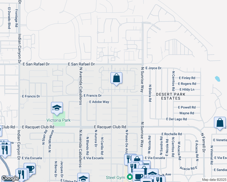 map of restaurants, bars, coffee shops, grocery stores, and more near 1381 Sunflower Circle South in Palm Springs