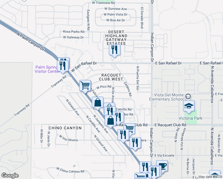map of restaurants, bars, coffee shops, grocery stores, and more near 2951 N De Anza Rd in Palm Springs