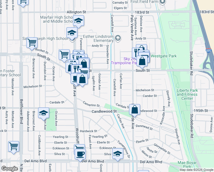 map of restaurants, bars, coffee shops, grocery stores, and more near 5453 Canehill Avenue in Lakewood