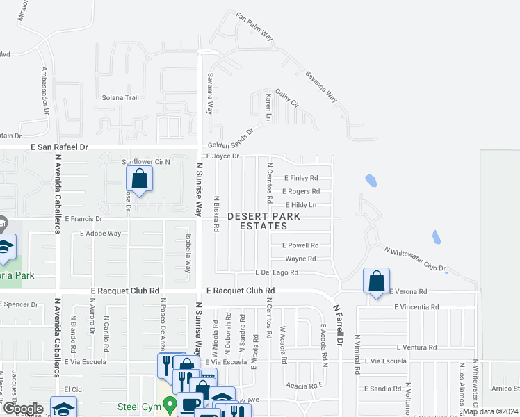map of restaurants, bars, coffee shops, grocery stores, and more near 2912 North Cypress Road in Palm Springs