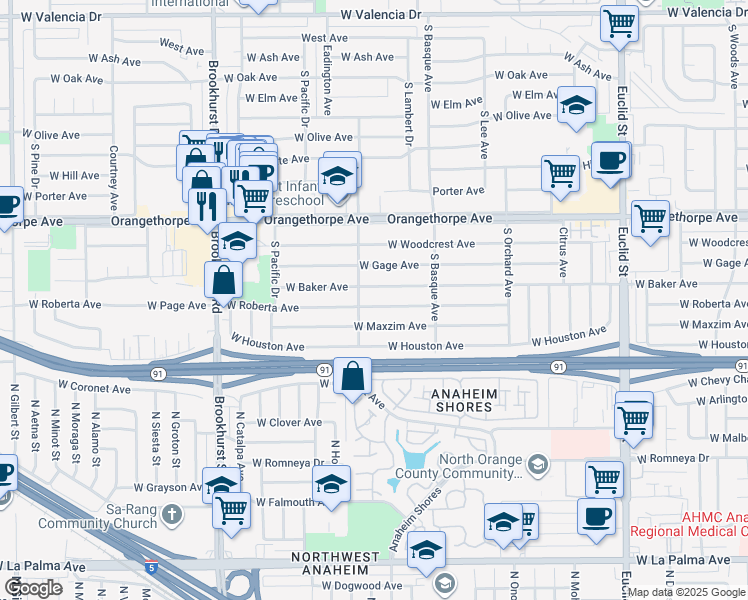 map of restaurants, bars, coffee shops, grocery stores, and more near 1473 West Roberta Avenue in Fullerton