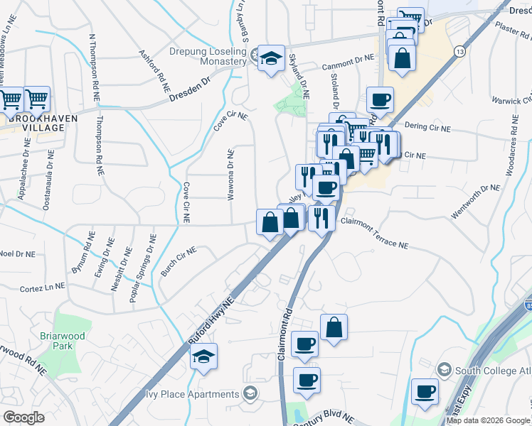 map of restaurants, bars, coffee shops, grocery stores, and more near 2694 East Drew Valley Road Northeast in Atlanta
