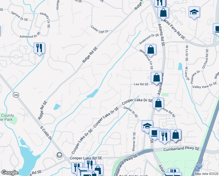 map of restaurants, bars, coffee shops, grocery stores, and more near 1861 Vinings Mill Walk Southeast in Smyrna