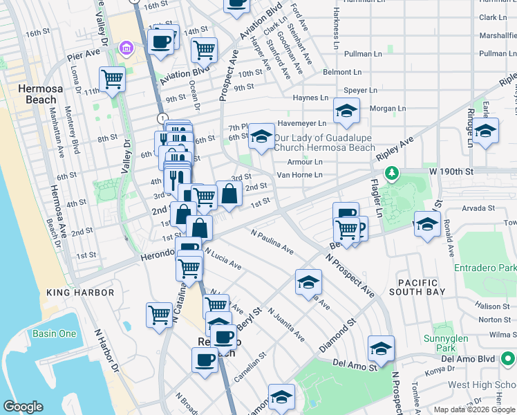 map of restaurants, bars, coffee shops, grocery stores, and more near 1202 1st Street in Hermosa Beach