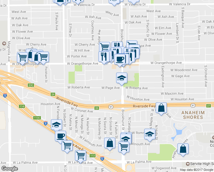 map of restaurants, bars, coffee shops, grocery stores, and more near 1861 West Page Avenue in Fullerton