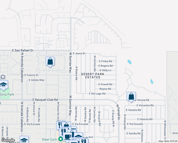 map of restaurants, bars, coffee shops, grocery stores, and more near 2912 North Cypress Road in Palm Springs