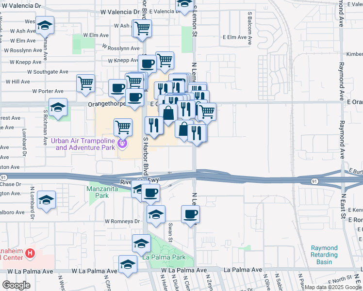 map of restaurants, bars, coffee shops, grocery stores, and more near 51 Orangefair Avenue in Fullerton