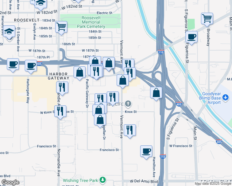 map of restaurants, bars, coffee shops, grocery stores, and more near 19191 South Vermont Avenue in Torrance