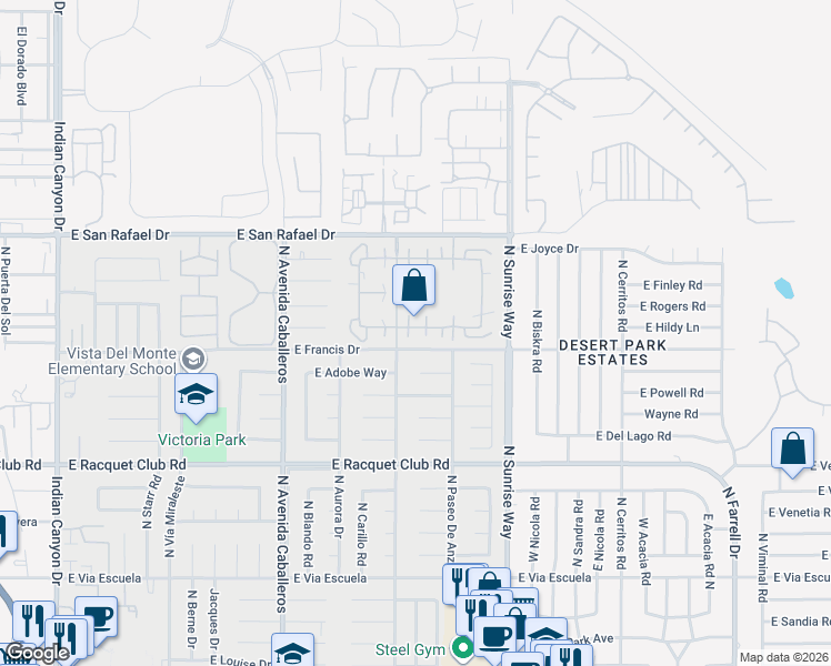 map of restaurants, bars, coffee shops, grocery stores, and more near 1391 Sunflower Circle South in Palm Springs