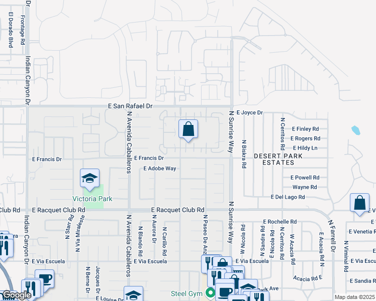 map of restaurants, bars, coffee shops, grocery stores, and more near 1381 Sunflower Circle South in Palm Springs