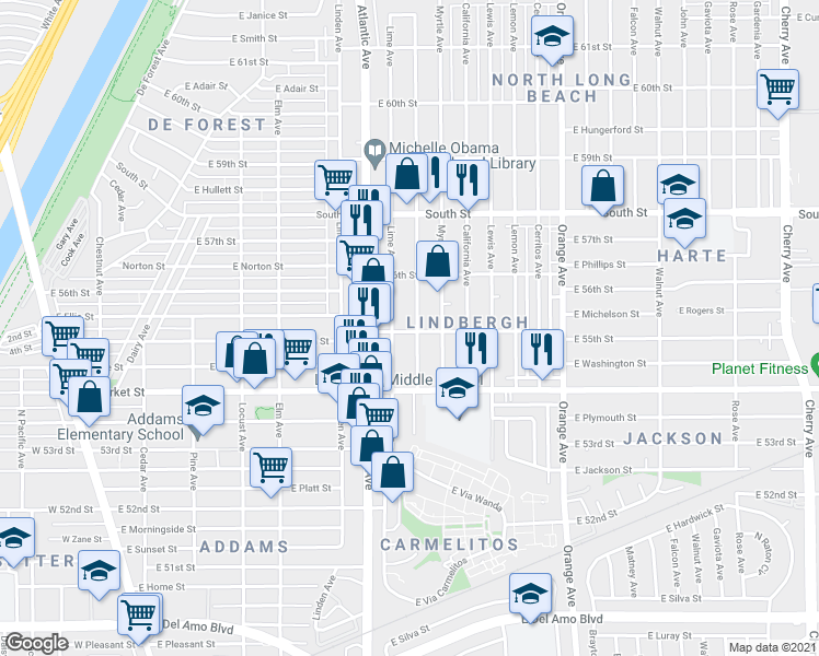 map of restaurants, bars, coffee shops, grocery stores, and more near 725 E 55th St in Long Beach