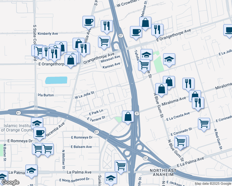 map of restaurants, bars, coffee shops, grocery stores, and more near 1017 Avenue De Pio Pico in Placentia
