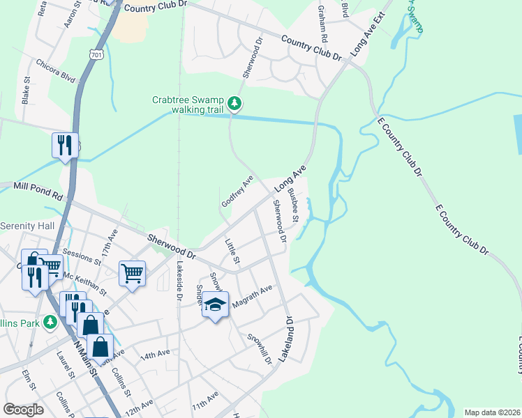map of restaurants, bars, coffee shops, grocery stores, and more near 197 Long Avenue in Conway