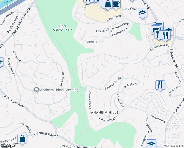 map of restaurants, bars, coffee shops, grocery stores, and more near 7533 East Endemont Court in Anaheim