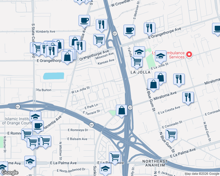 map of restaurants, bars, coffee shops, grocery stores, and more near 1017 Avenue De Pio Pico in Placentia