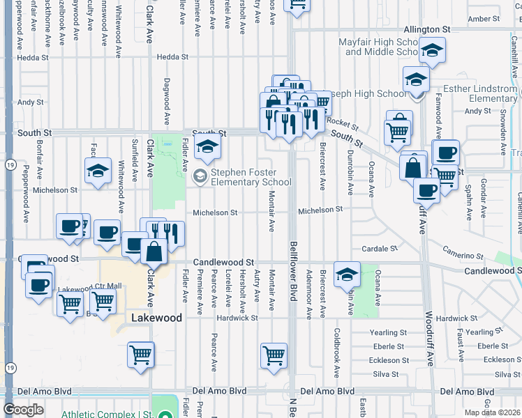 map of restaurants, bars, coffee shops, grocery stores, and more near 5509 Montair Avenue in Lakewood