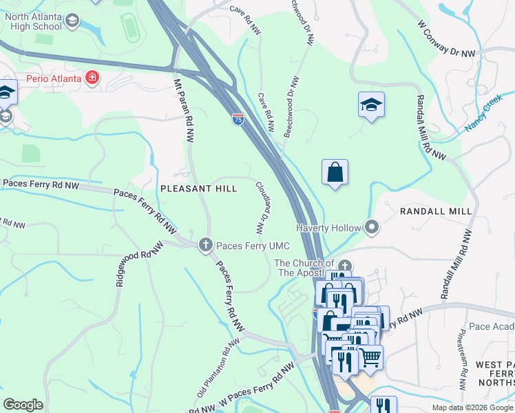 map of restaurants, bars, coffee shops, grocery stores, and more near 3674 Cloudland Drive Northwest in Atlanta