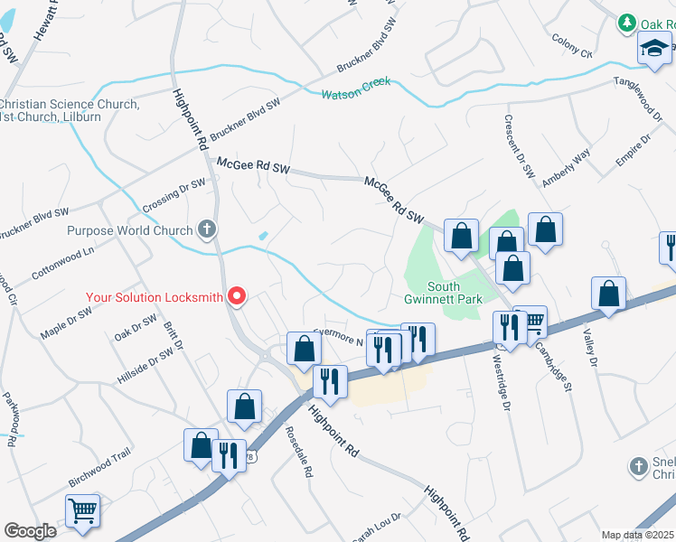 map of restaurants, bars, coffee shops, grocery stores, and more near 1931 Ashwood Grove Drive in Snellville