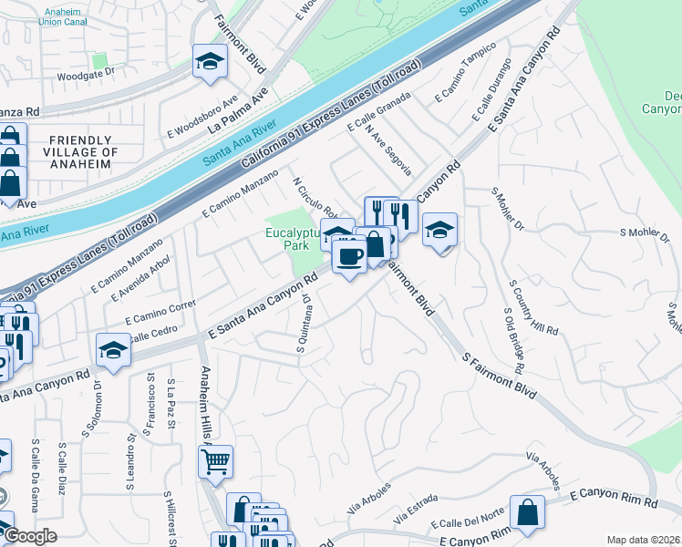 map of restaurants, bars, coffee shops, grocery stores, and more near 6254 East Santa Ana Canyon Road in Anaheim