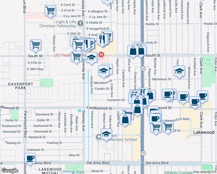 map of restaurants, bars, coffee shops, grocery stores, and more near 3729 Candor Street in Lakewood