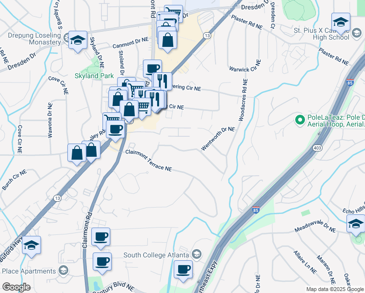 map of restaurants, bars, coffee shops, grocery stores, and more near 1998 Jordan Terrace Northeast in Atlanta