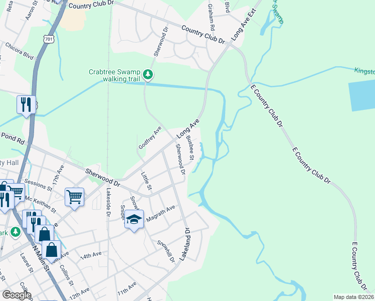 map of restaurants, bars, coffee shops, grocery stores, and more near 158 Busbee Street in Conway