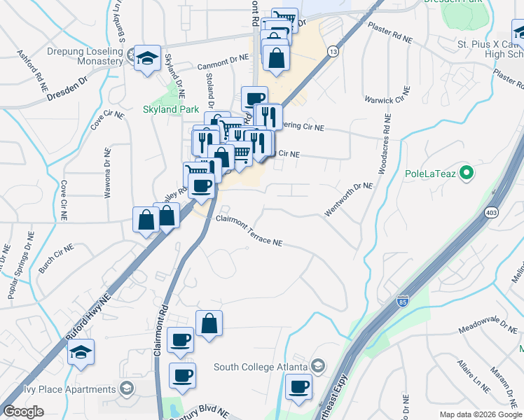 map of restaurants, bars, coffee shops, grocery stores, and more near 2426 Battle Drive Northeast in Atlanta