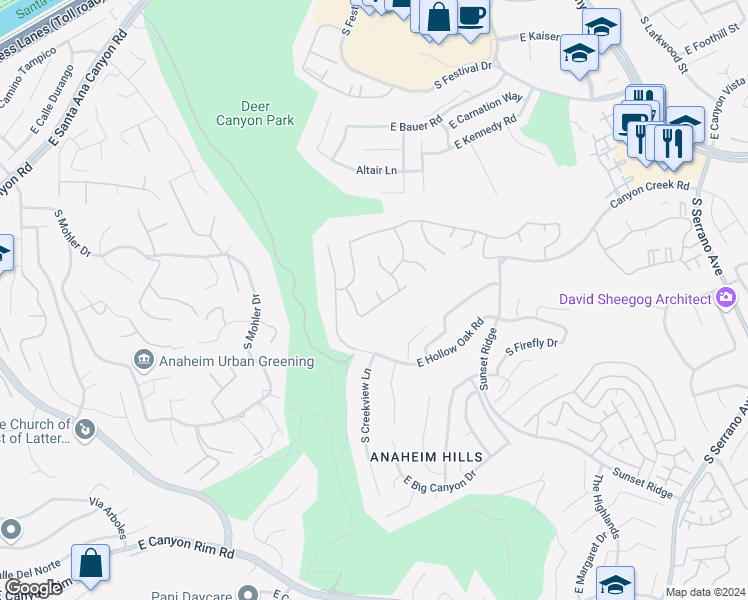 map of restaurants, bars, coffee shops, grocery stores, and more near 7533 East Endemont Court in Anaheim