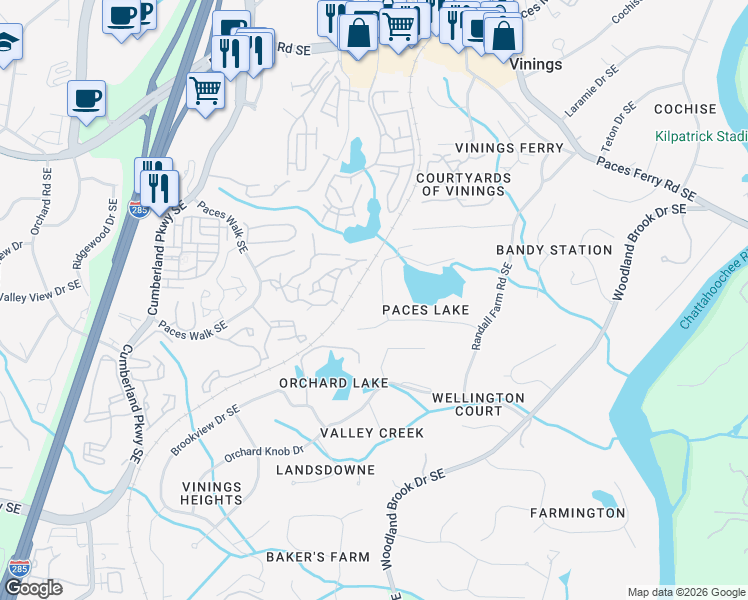 map of restaurants, bars, coffee shops, grocery stores, and more near 2915 Paces Lake Court Southeast in Atlanta