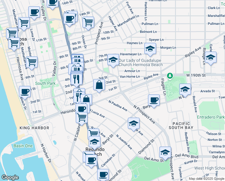 map of restaurants, bars, coffee shops, grocery stores, and more near 1206 1st Street in Hermosa Beach