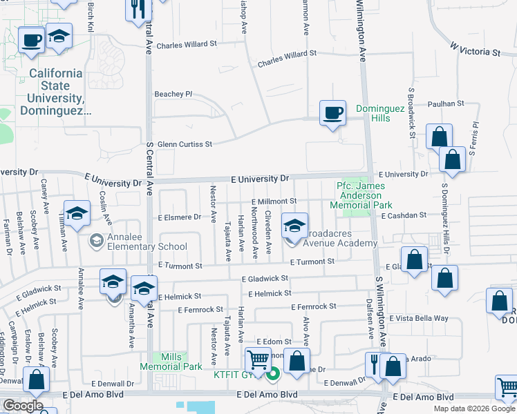 map of restaurants, bars, coffee shops, grocery stores, and more near 19208 Northwood Avenue in Carson