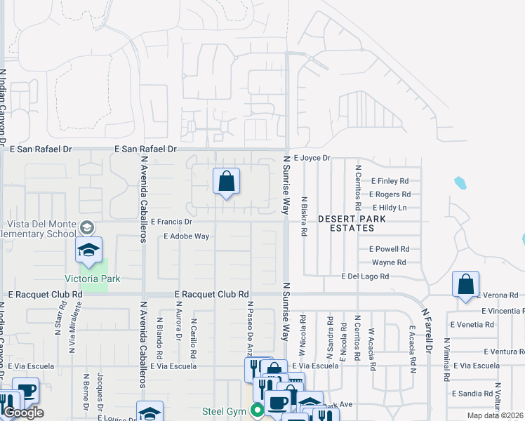 map of restaurants, bars, coffee shops, grocery stores, and more near 1630 Sunflower Court South in Palm Springs