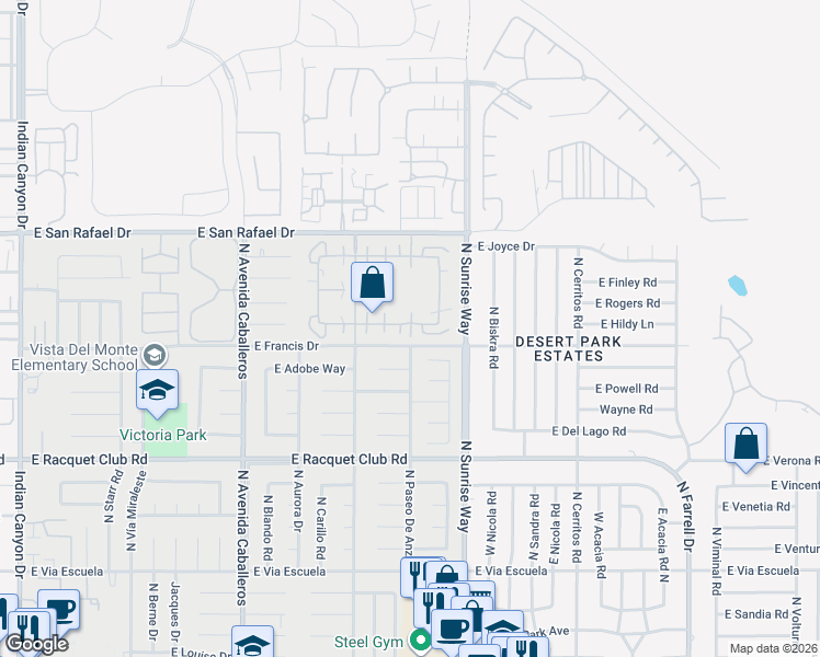 map of restaurants, bars, coffee shops, grocery stores, and more near 1491 Sunflower Circle South in Palm Springs