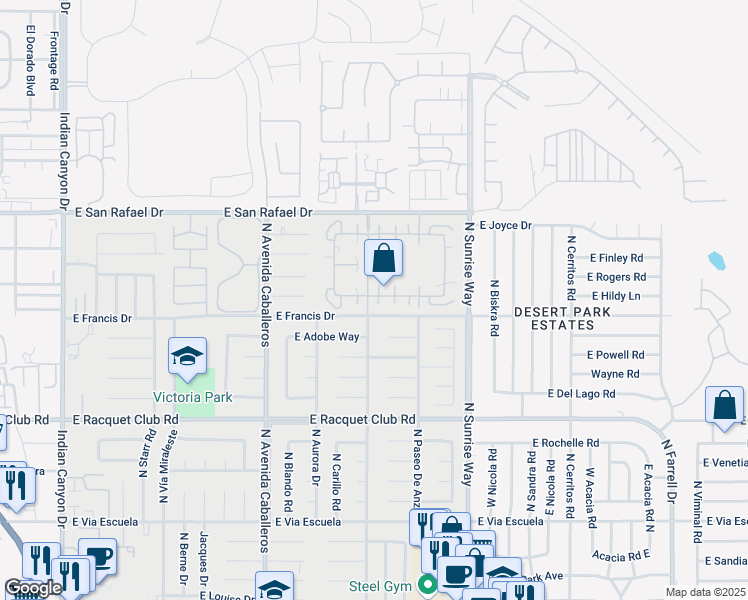 map of restaurants, bars, coffee shops, grocery stores, and more near 1381 Sunflower Circle South in Palm Springs