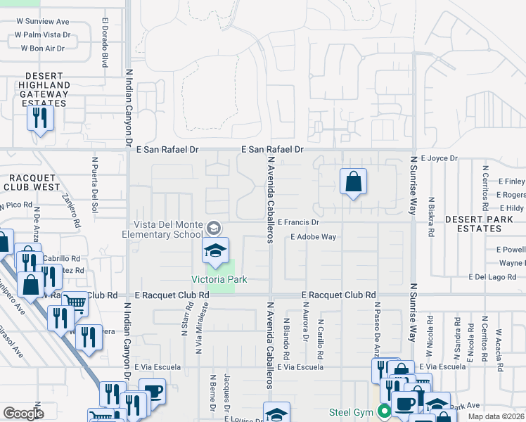 map of restaurants, bars, coffee shops, grocery stores, and more near 944 Sundance Circle South in Palm Springs