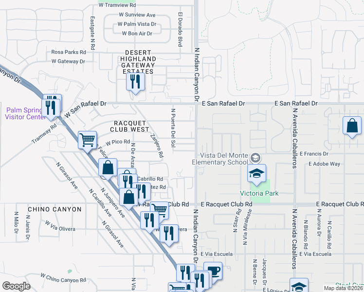 map of restaurants, bars, coffee shops, grocery stores, and more near 165 West Santa Clara Way in Palm Springs