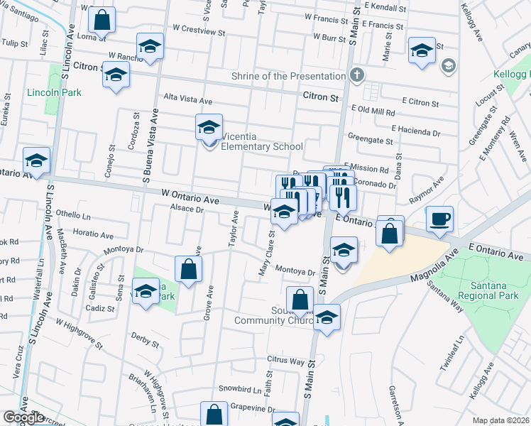 map of restaurants, bars, coffee shops, grocery stores, and more near 405 Lauren Marcella Drive in Corona