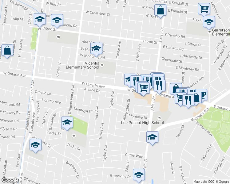 map of restaurants, bars, coffee shops, grocery stores, and more near 585 Lauren Marcella Drive in Corona