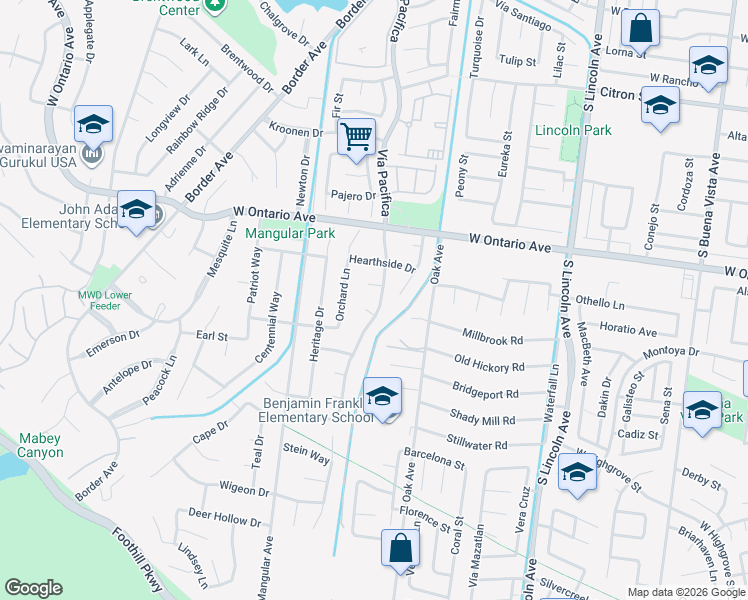 map of restaurants, bars, coffee shops, grocery stores, and more near 2361 Vía Pacifica in Corona
