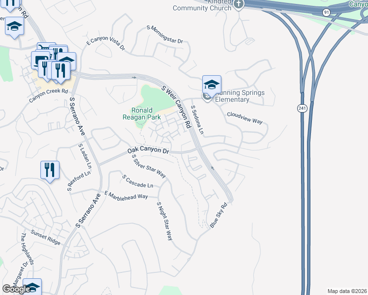 map of restaurants, bars, coffee shops, grocery stores, and more near 850 South Country Glen Way in Anaheim