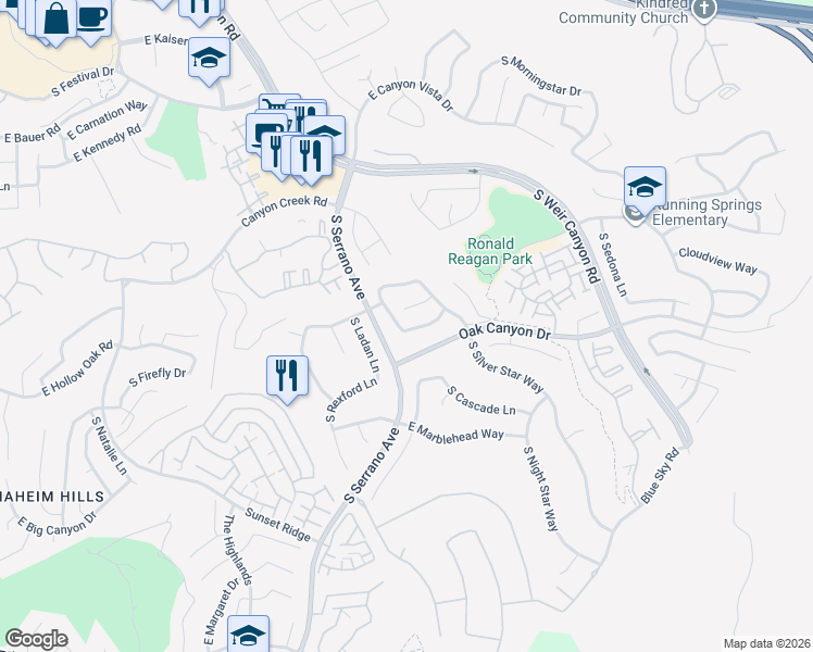 map of restaurants, bars, coffee shops, grocery stores, and more near 938 South Lone Pine Lane in Anaheim