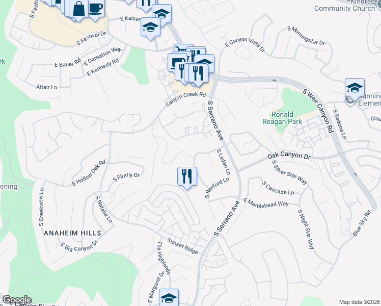 map of restaurants, bars, coffee shops, grocery stores, and more near 852 South Endicott Court in Anaheim